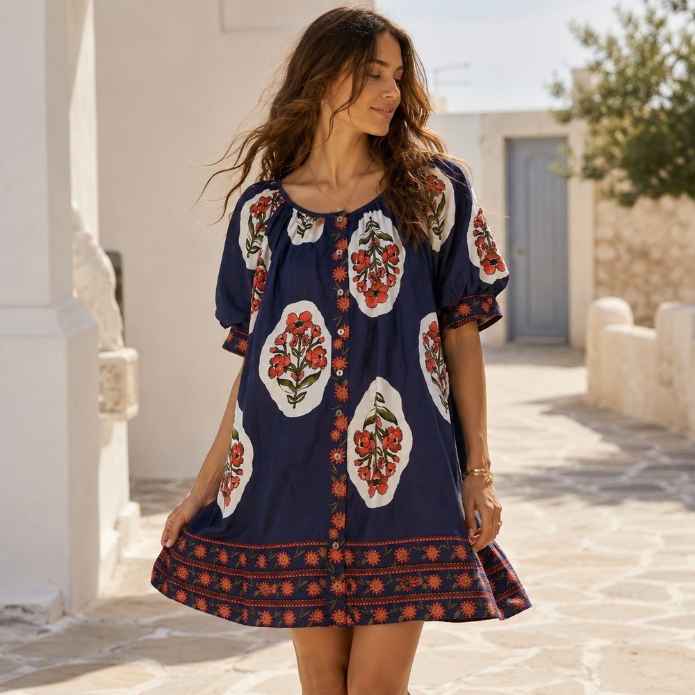 Entro Dress Floral Block Print Cotton Boho Mini Navy Blue Small